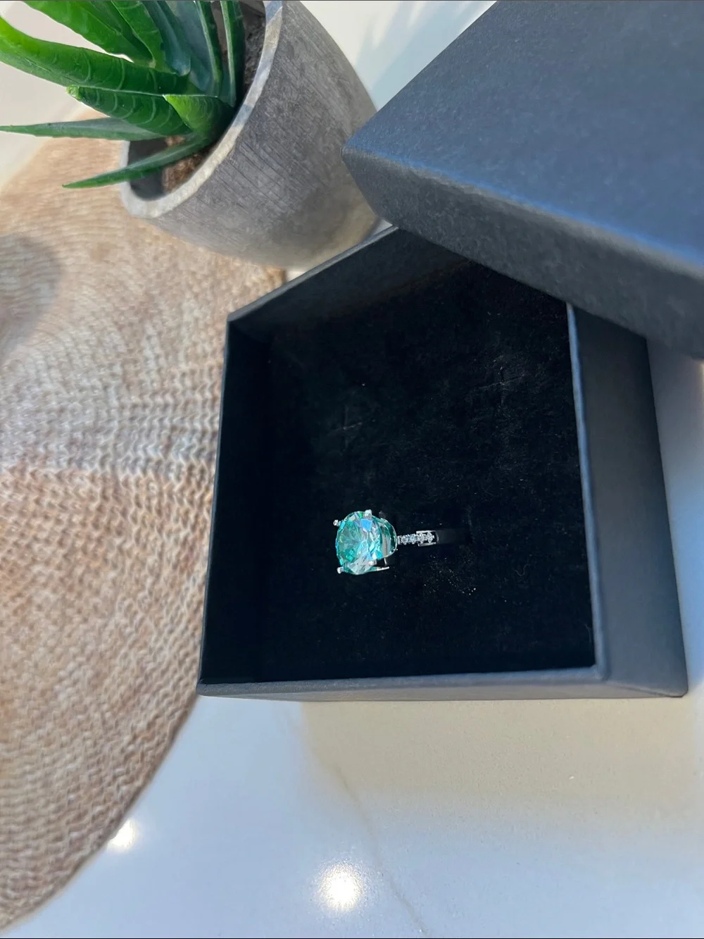 Emerald-Cut Teal Crystal Ring in Silver Setting-Size 8